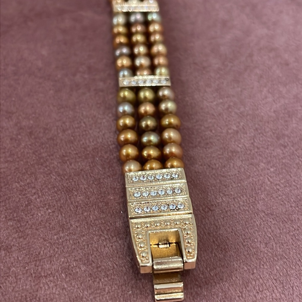 Gold Tone Three Strand Bracelet with Cultured Pearls and Rhinestones - Picture 8 of 16